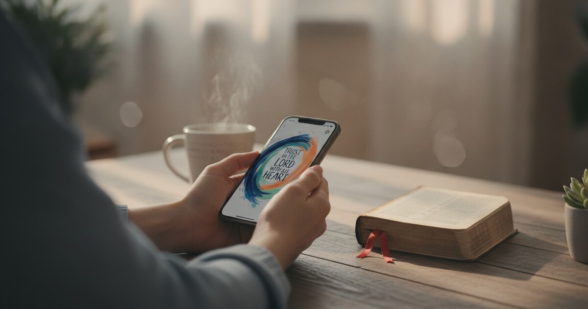 Christian woman holding an iPhone showing a Bible verse widget on the home screen, Bible on a wooden table, warm morning light