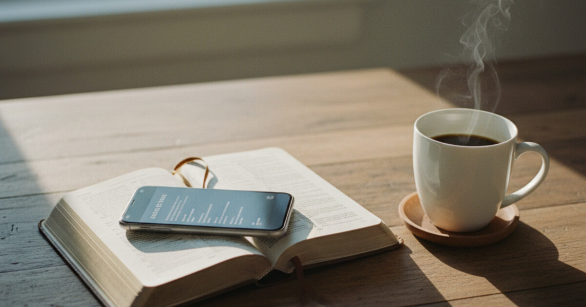 Phone on a wooden desk displaying a daily Bible verse widget, with an open Bible and morning coffee nearby, warm natural light