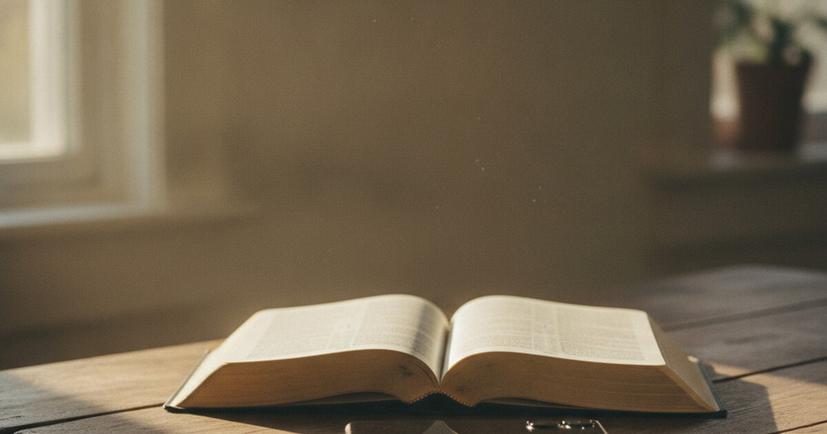 Open Bible on a wooden table next to a phone placed face-down, morning sunlight streaming through a window, representing a digital sabbath day of rest