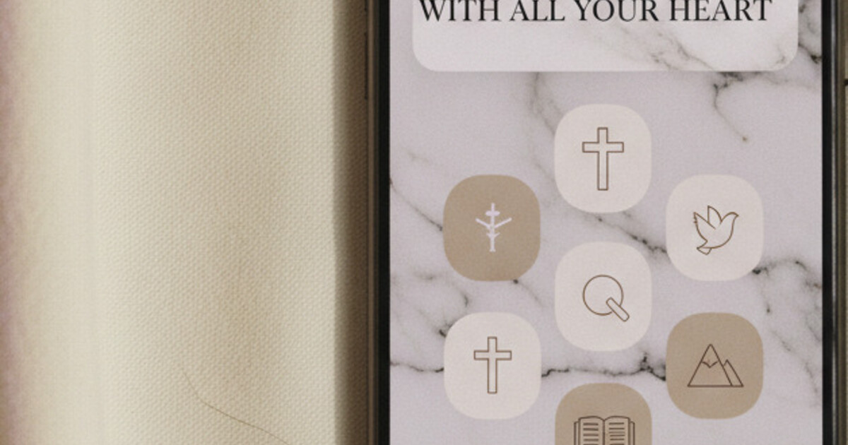 iPhone home screen with a marble-theme scripture verse widget surrounded by minimal aesthetic app icons on a soft cream background