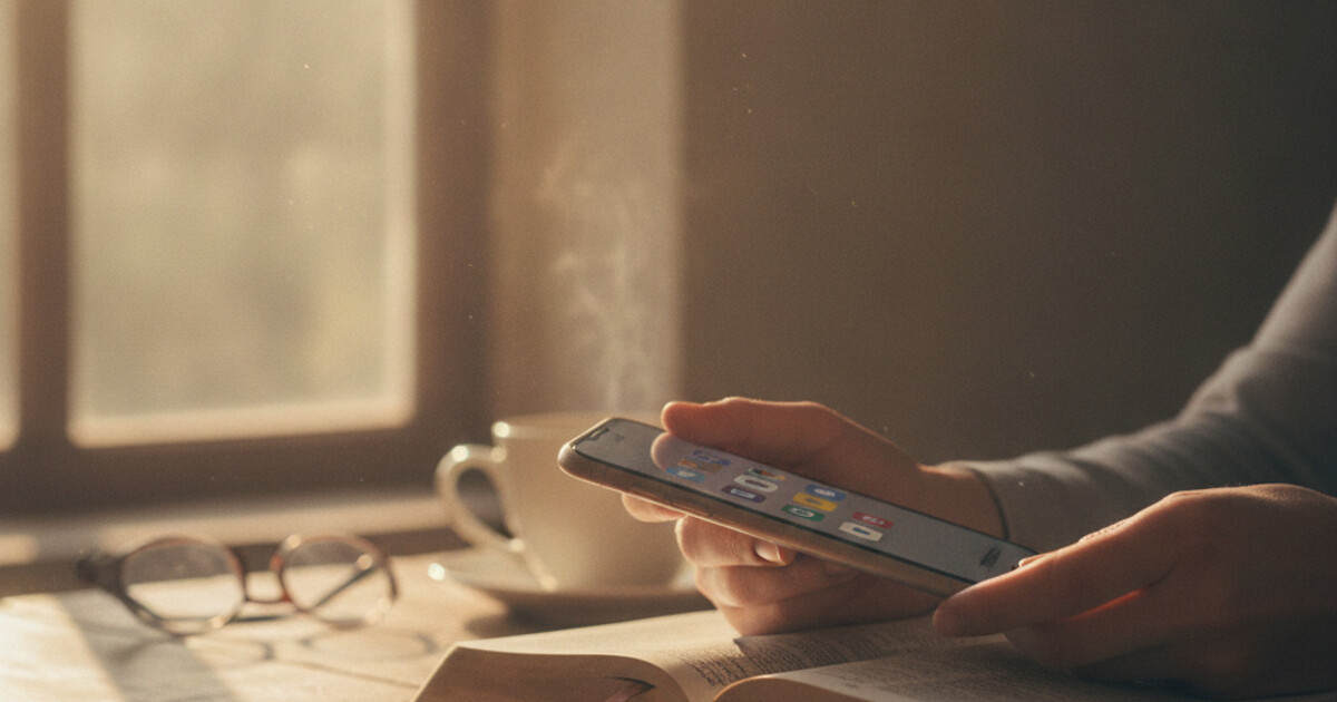 Person closing a phone with social media apps and opening a Bible on a sunlit table, symbolizing a Christian social media fast