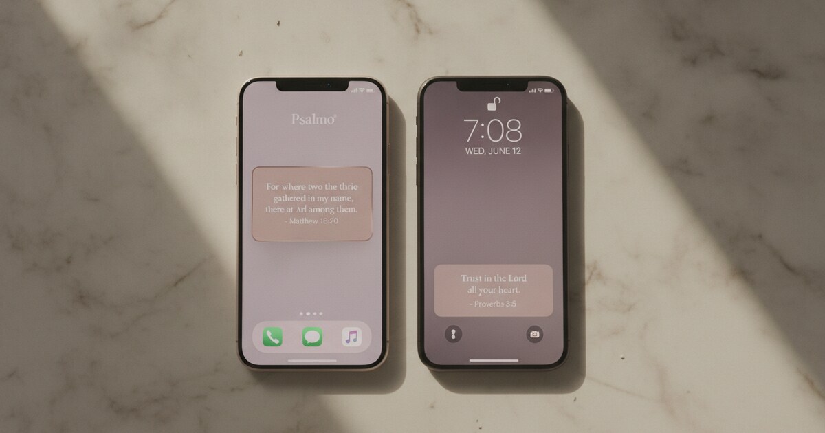 iPhone showing a Psalmo bible verse widget in Rose Gold theme on the home screen, with a rectangular lock screen verse widget visible on a second phone