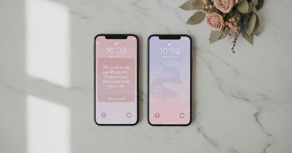 iPhone home screen showing a Psalmo bible verse widget in Rose Gold theme with a blush pink background and serif verse text, alongside a second phone in the Pastel lavender-to-blush theme