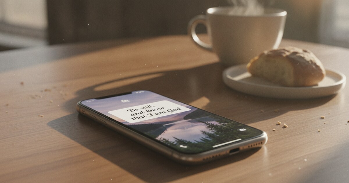 Smartphone on a wooden table in morning light showing a scripture verse widget on the home screen with a serene nature background theme