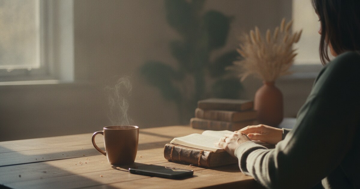 Person with phone face-down on table beside an open Bible in morning light