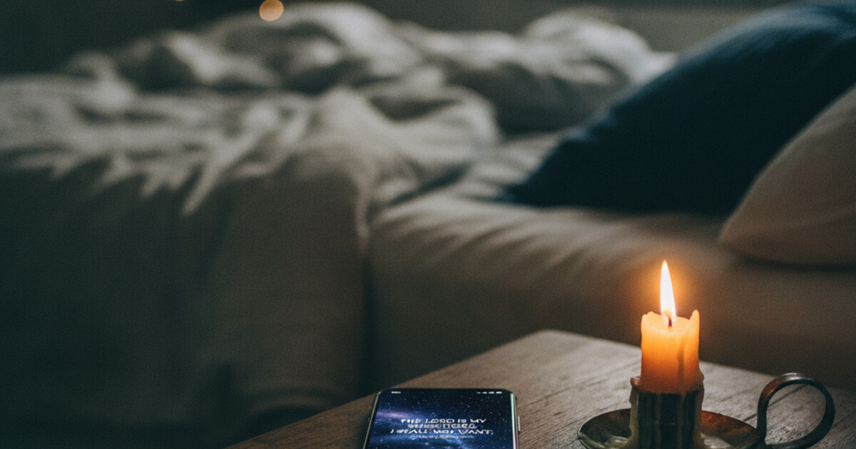 Smartphone on a nightstand displaying a Bible verse in Night Sky dark theme, warm candlelight in the background
