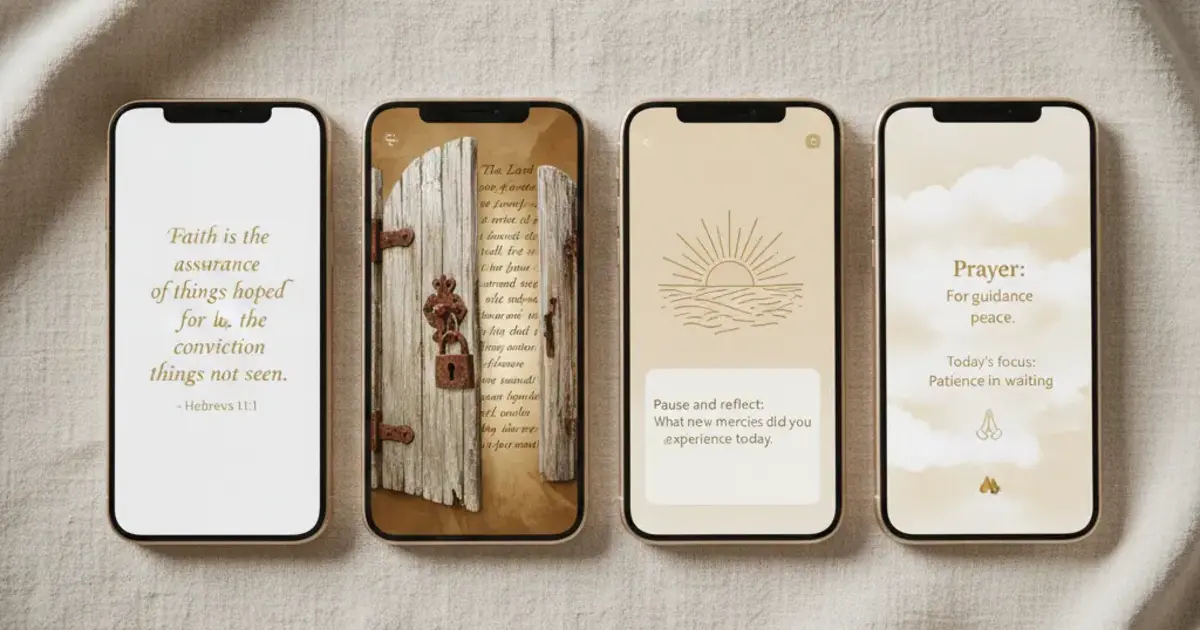 Four smartphones side by side showing different Bible app lock screen interfaces on a cream background