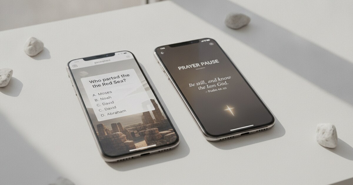 FaithLock vs Bible Pause side-by-side comparison — quiz gate versus prayer pause screen on iPhone