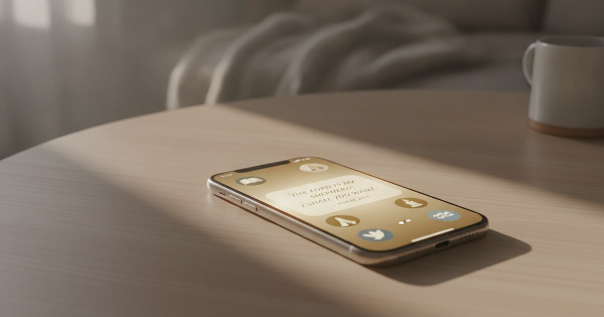 Smartphone home screen showing a daily Bible verse widget alongside Christian prayer and devotional app icons, representing alternatives to Glorify