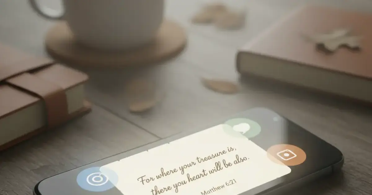 Smartphone home screen with a clean Bible verse widget, other apps dimmed in the background