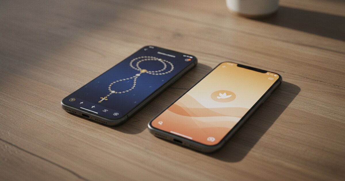 Two smartphones side by side on a warm wooden surface showing Christian devotional app interfaces, soft morning light, faith and prayer app comparison aesthetic