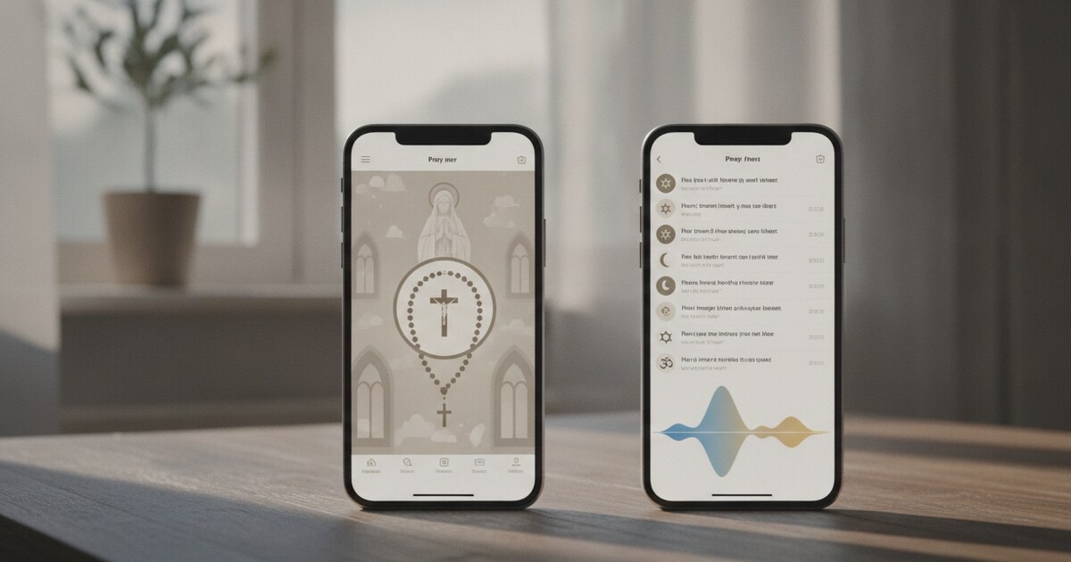 Two smartphones side by side showing Christian prayer app interfaces, one with a rosary icon and Catholic imagery, one with a multi-denominational prayer feed and audio waveform, clean modern design, soft warm lighting