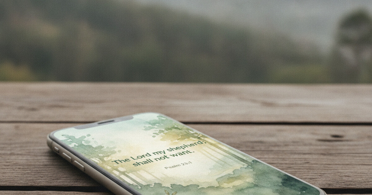 iPhone home screen displaying a Bible verse widget with watercolor nature photography background and clean modern typography