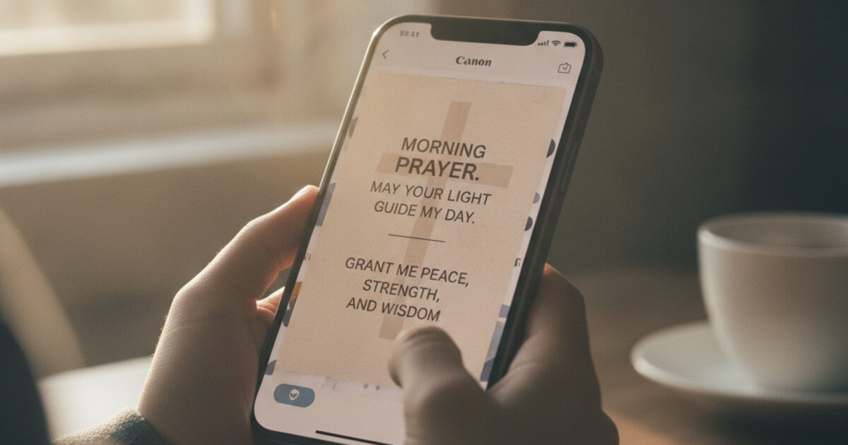 iPhone screen interrupted by a prayer card displayed as a full-screen gate before a social media app loads, warm amber and cream tones, clean minimalist typography showing prayer text, peaceful faith-tech aesthetic