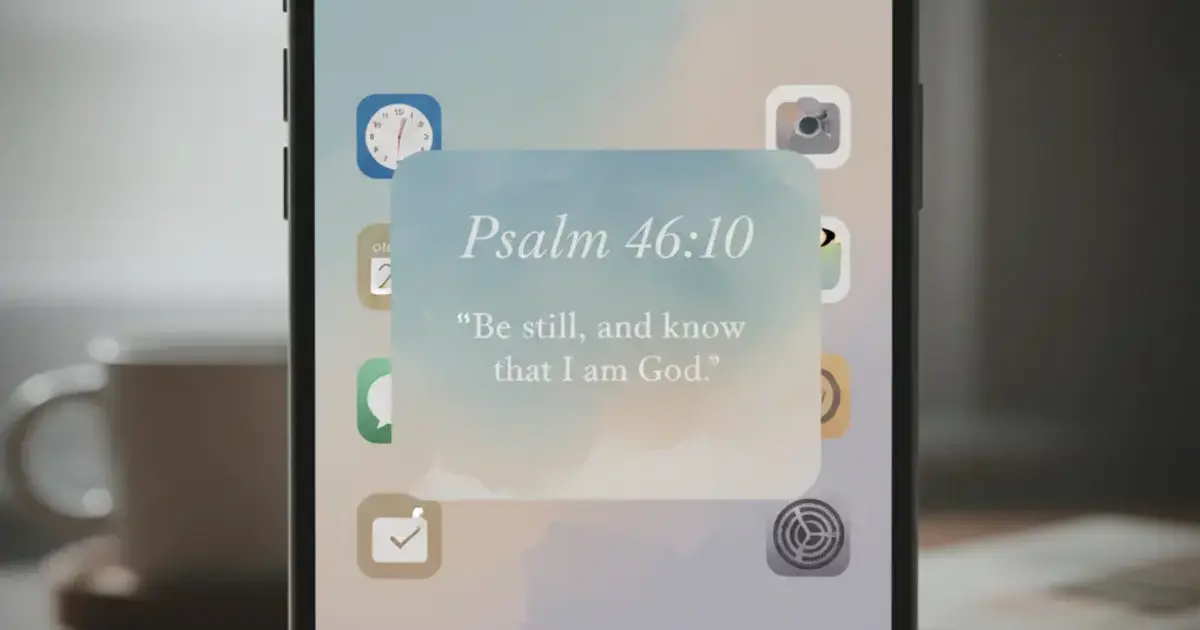 iPhone home screen showing a Psalmo Bible verse widget with Psalm 46:10 in a watercolor theme