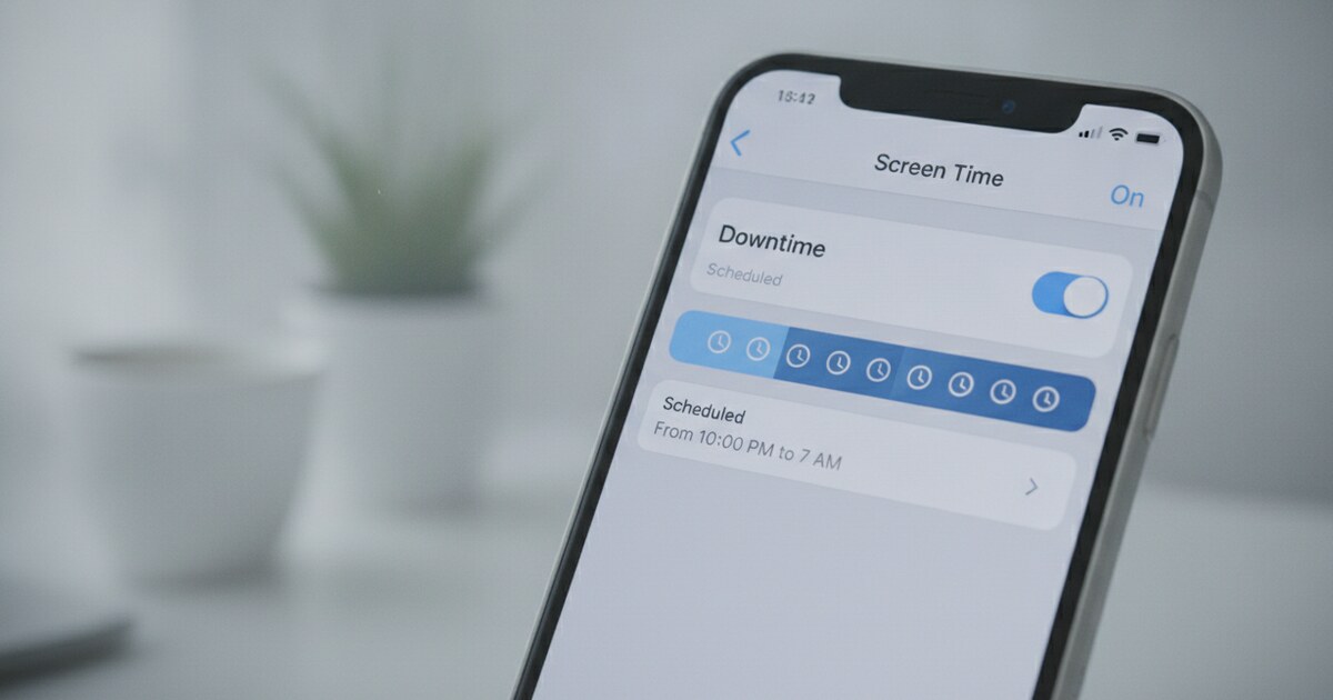 iPhone showing Screen Time Downtime settings with scheduled block hours