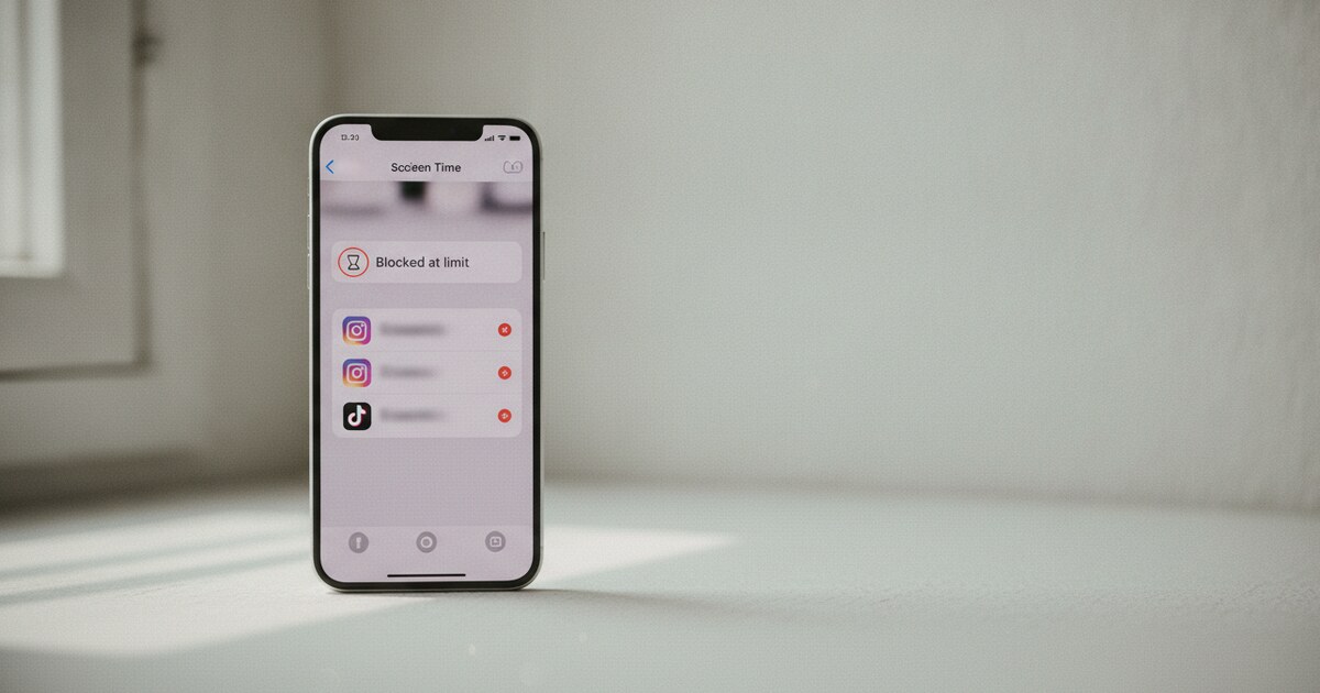 iPhone showing Screen Time settings with social media app blocked