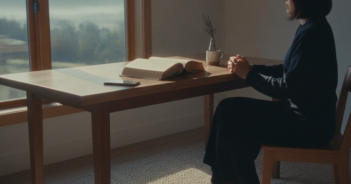 Person sitting calmly with phone face-down on wooden desk, open book beside it, warm morning light