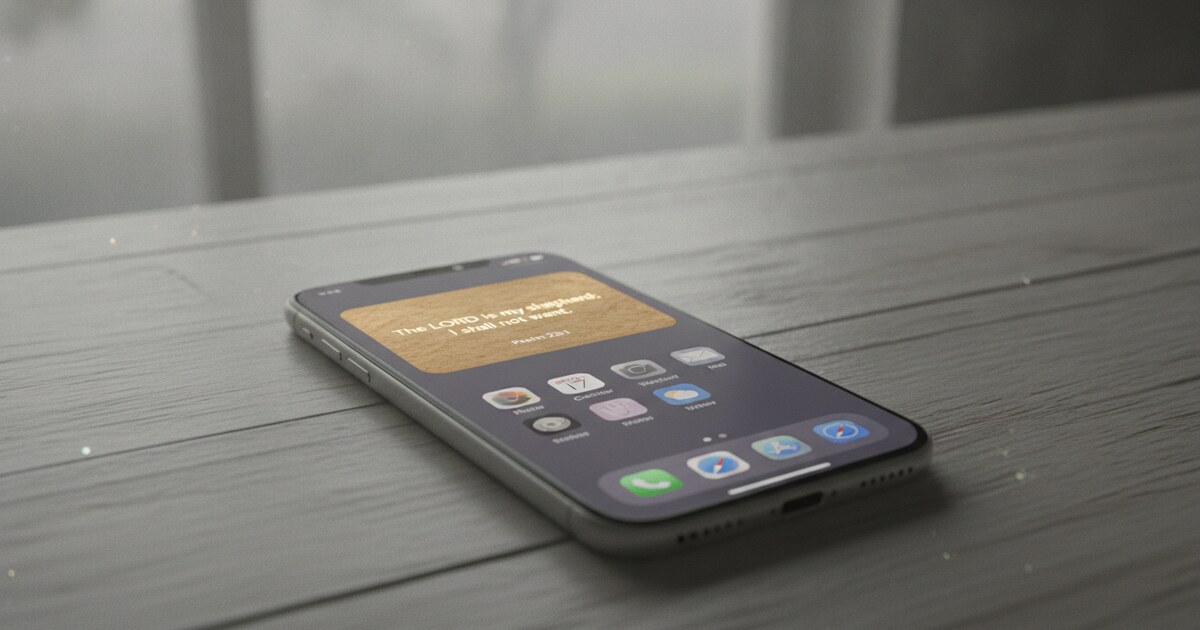 Smartphone home screen displaying a Bible verse widget with warm golden tones, clean minimal iOS interface