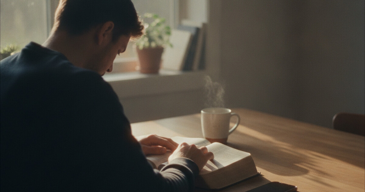 Christian person with phone face-down beside an open Bible in warm morning light, illustrating how to reduce screen time as a Christian