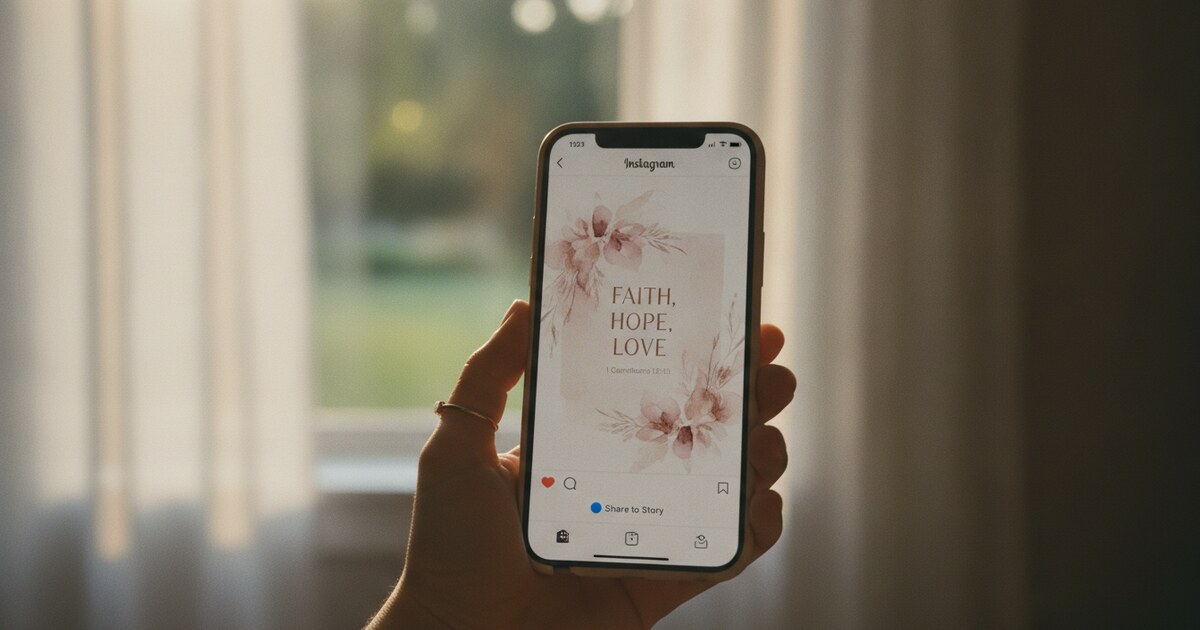 A smartphone showing a themed Bible verse image ready to share on Instagram