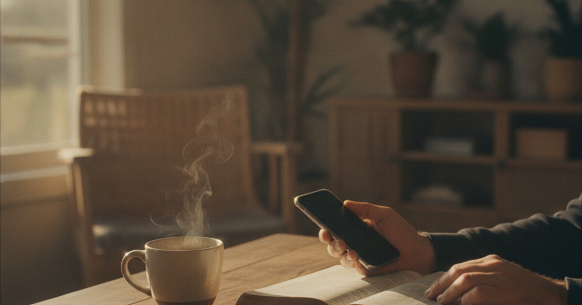 Christian person with phone face-down next to an open Bible in morning light, illustrating how to stop doomscrolling with a daily scripture anchor