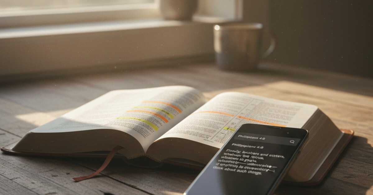 Open Bible beside a phone with a Psalmo verse widget showing Philippians 4:8, warm morning light on a wooden table
