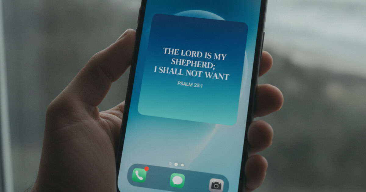 iPhone showing a daily Bible verse widget on an iOS 18 home screen with a Psalmo Ocean theme, blue gradient with white scripture text