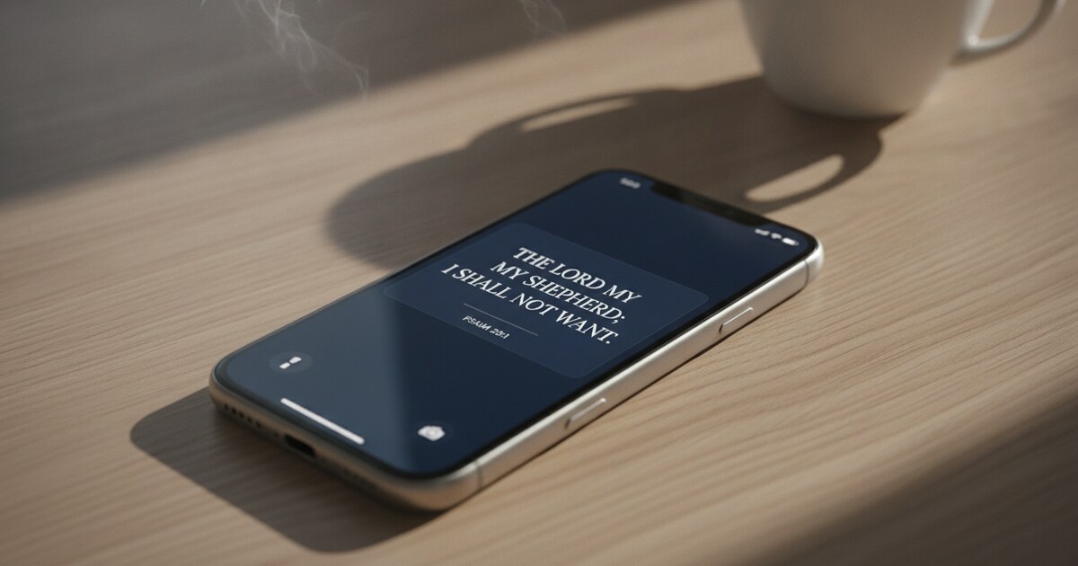 iPhone showing an iOS 26 Bible verse widget on the home screen with dark theme and white text