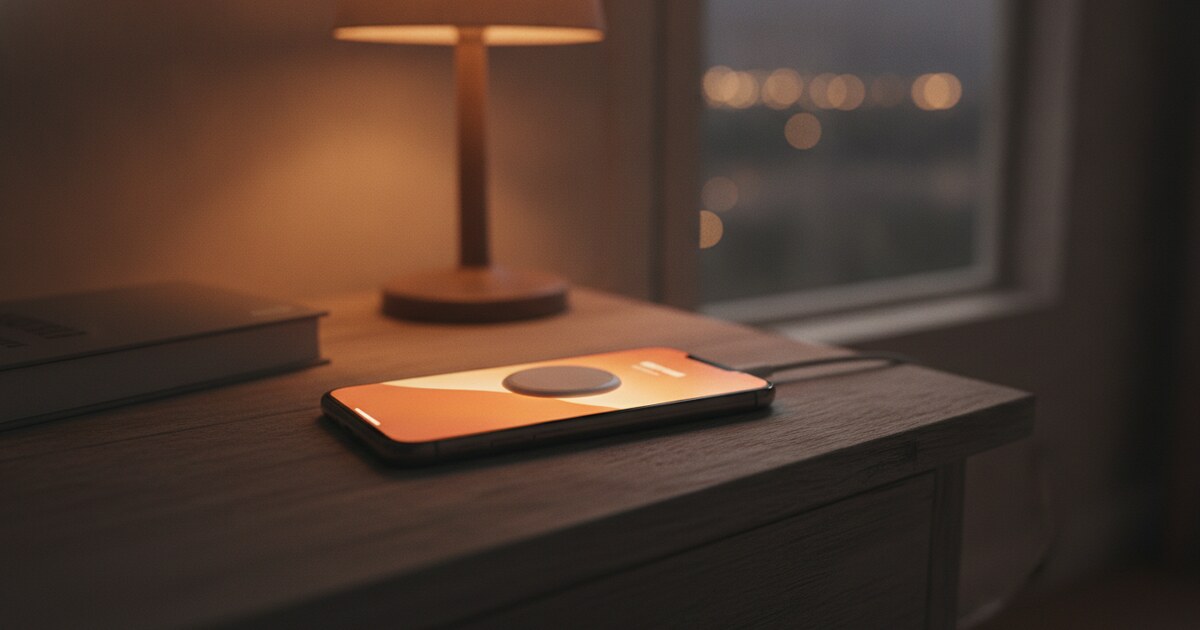 iPhone lying face-up in landscape on a wooden nightstand, charging, screen glowing with a warm full-screen ambient display