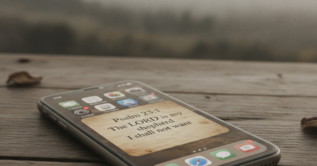 iPhone home screen showing a Psalmo Bible verse widget with Psalm 23:1 in KJV phrasing on a Classic sepia theme