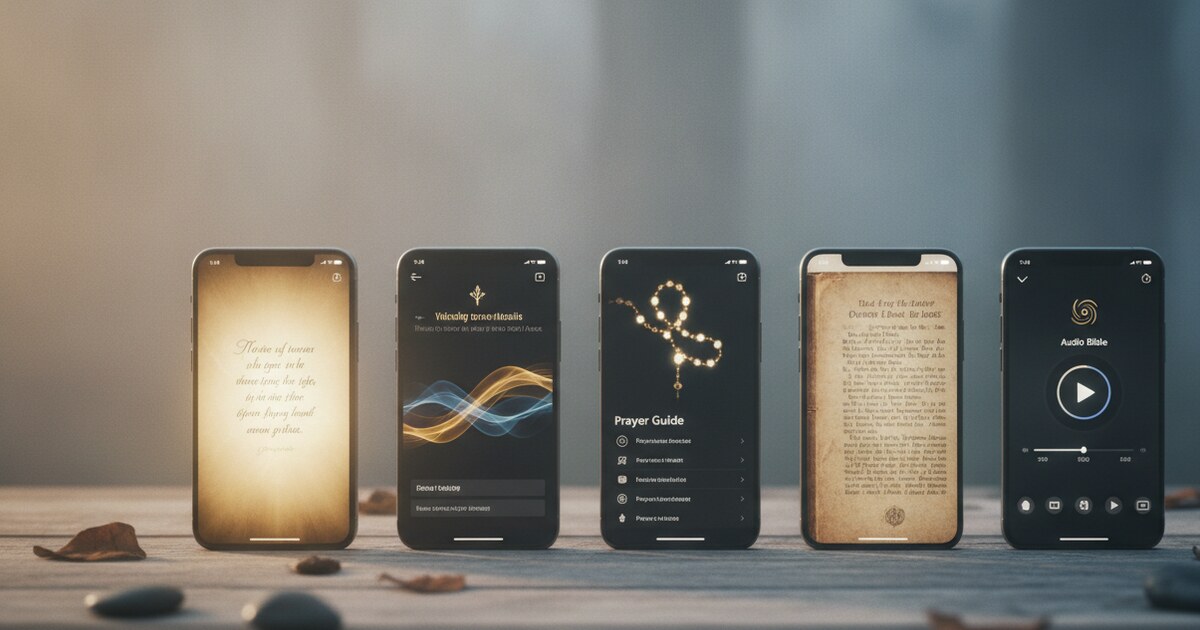 Five smartphones showing different Bible and prayer app interfaces, including Scripture widgets and devotional apps