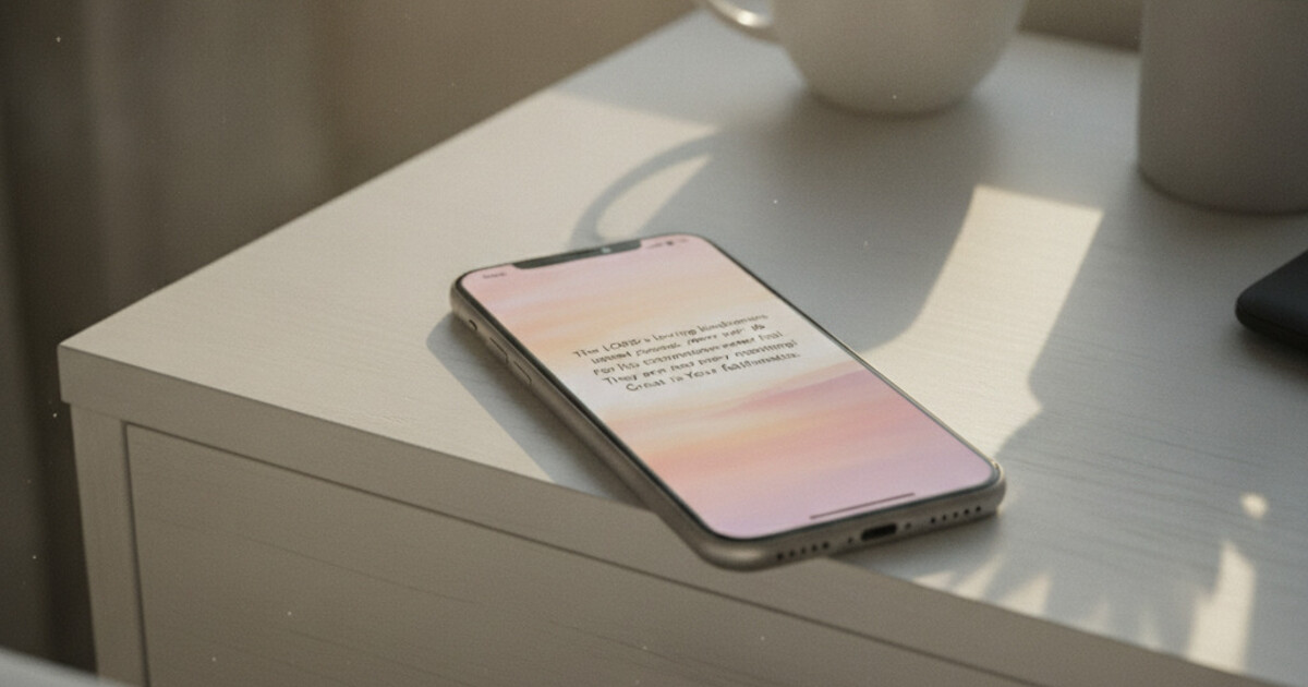 Smartphone showing a morning Bible verse widget in soft golden morning light