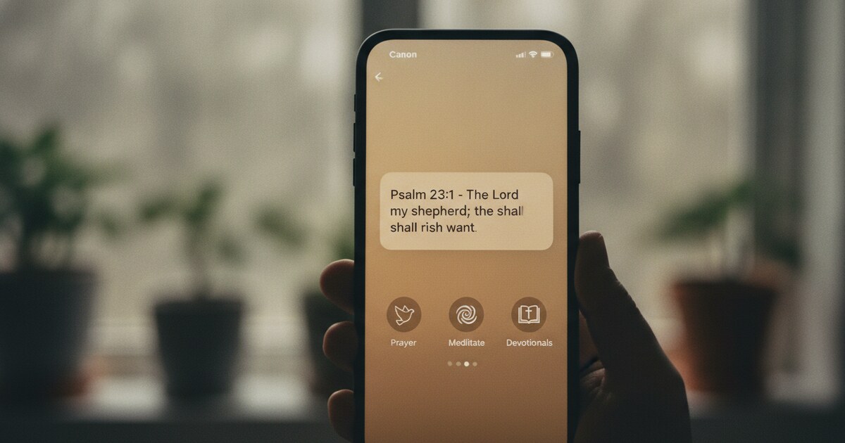 Smartphone showing Bible verse widget alongside prayer and meditation app icons, representing alternatives to Pray.com