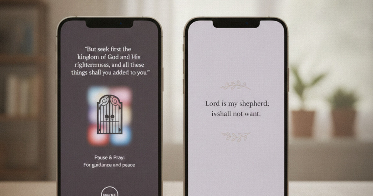 Android phone and iPhone side by side showing Bible verse gate screens, app review photography style, warm neutral background