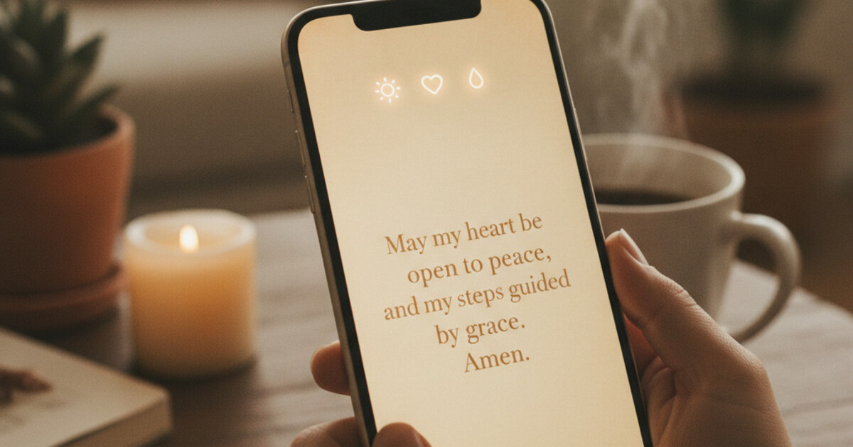 iPhone screen showing a prayer prompt card displayed before a social media app loads, warm amber and cream tones, mood selector icons visible at the top, clean minimalist typography showing short prayer text, peaceful faith-tech aesthetic