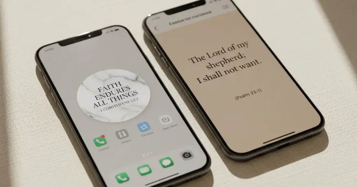 Two smartphones side by side — left shows a Psalmo home screen with a Bible verse widget in the Marble theme, right shows a Bible Mode full-screen reading interface