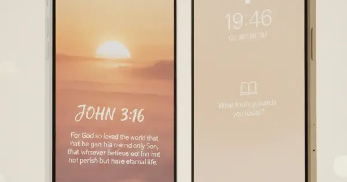 Two smartphones side by side showing Bible verse widgets and a scripture gate prompt
