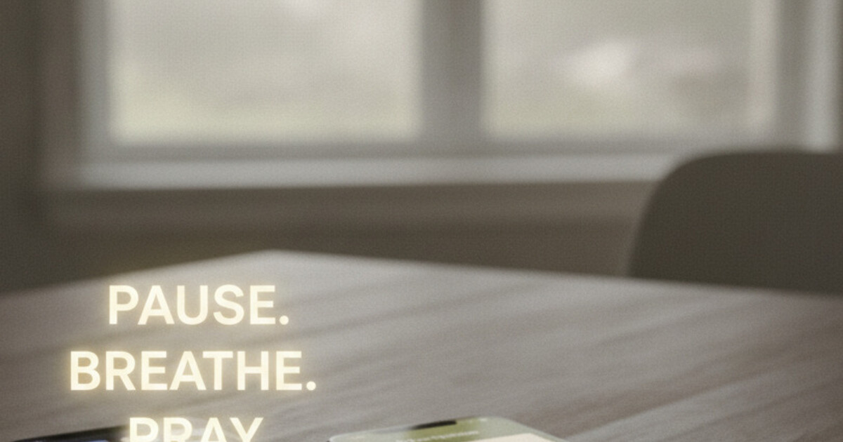 iPhone and Android phone side by side showing a Sacred Pause breathing screen and a Bible verse home screen widget, soft morning light background, app review photography style