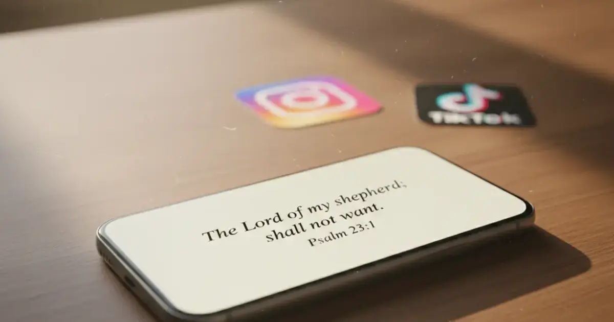 Smartphone on a wooden desk showing a daily Bible verse widget with blurred social media app icons in the background, warm morning light