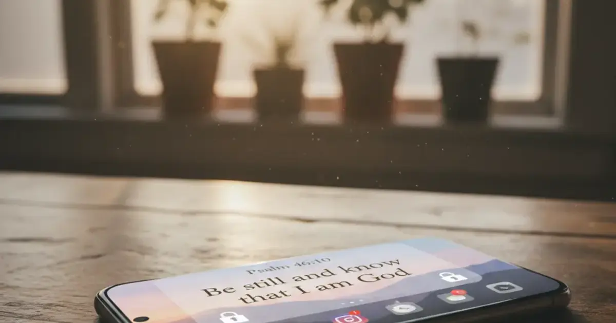 Phone home screen showing a Bible verse widget with social media app icons paused in the background