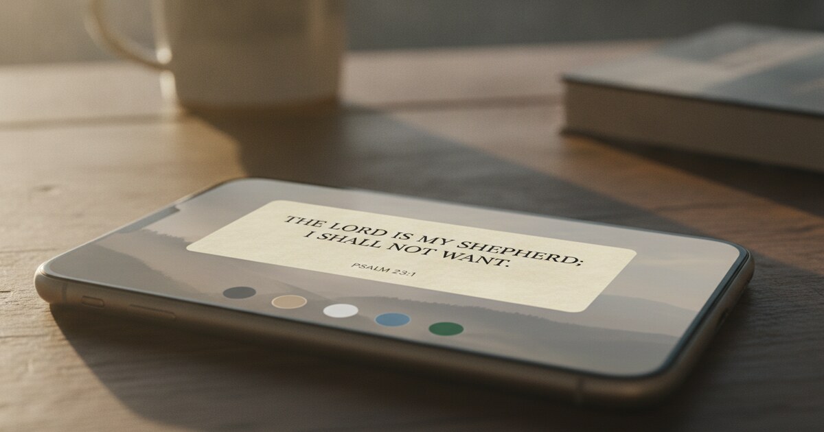 iPhone home screen showing a Psalmo scripture widget with a Bible verse in Classic theme