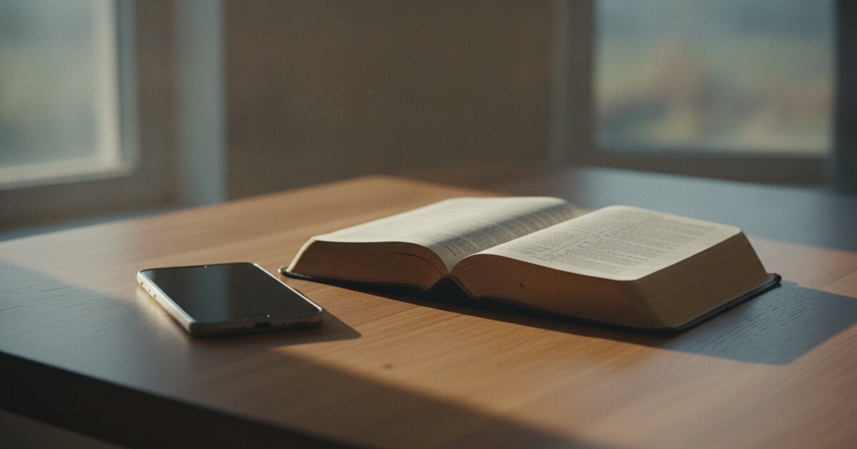 Open Bible beside a face-down smartphone on a wooden table in morning light