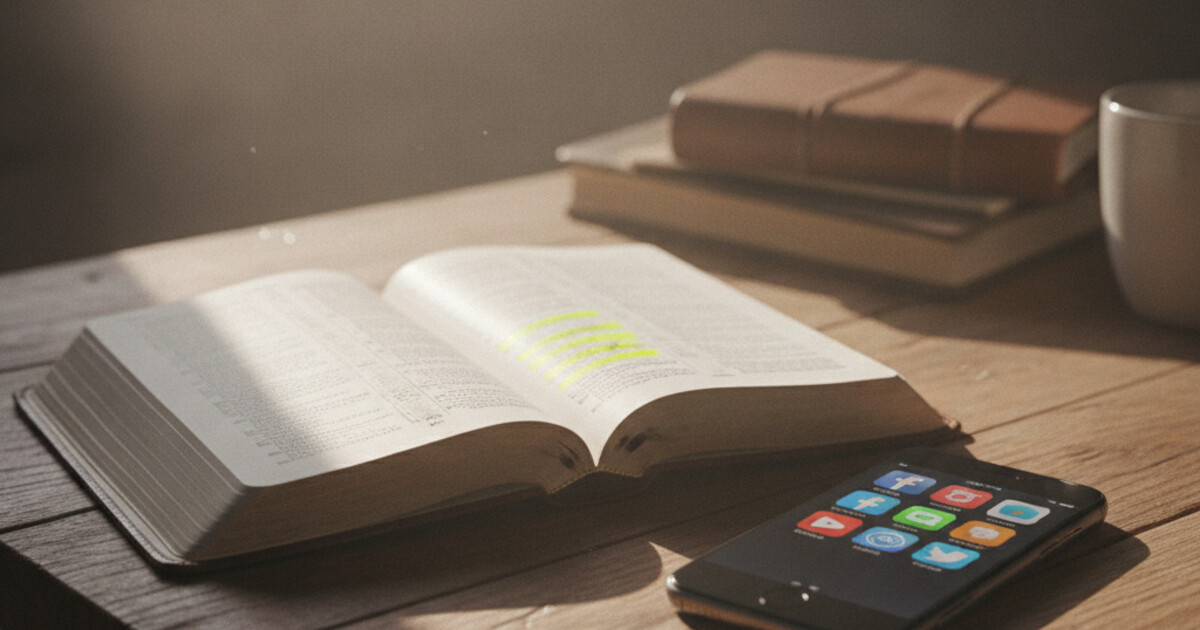 Open Bible beside a phone displaying social media apps, illustrating what the Bible says about social media habits