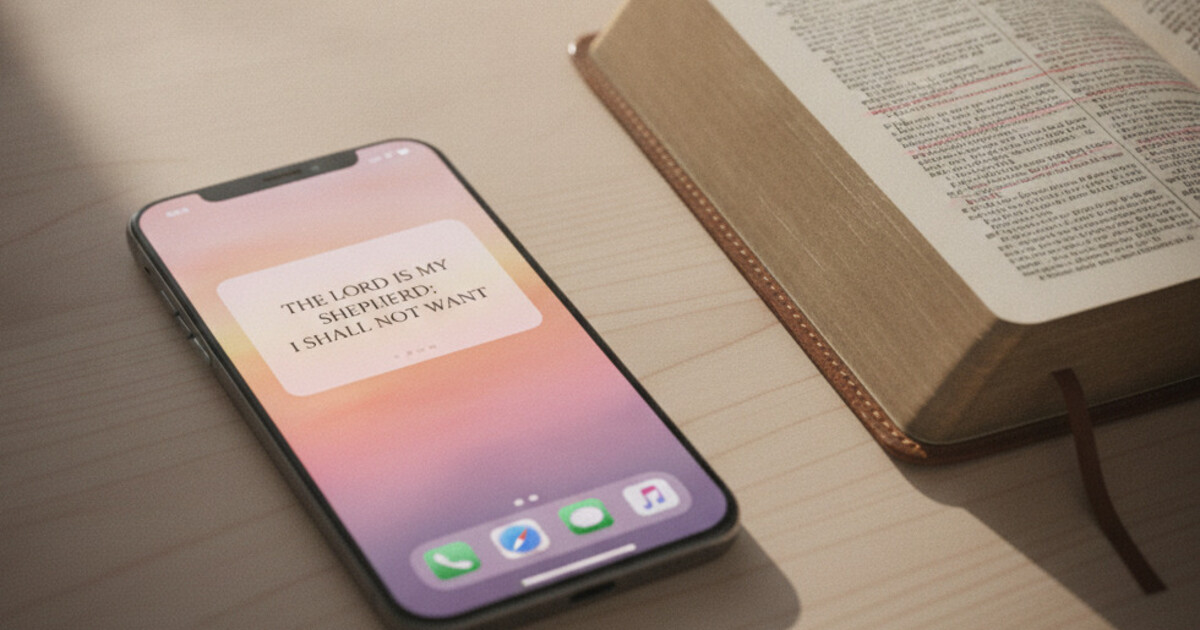 iPhone on a wooden desk showing a bible verse widget on the home screen in a soft watercolor theme, scripture text clearly visible, open Bible alongside, warm morning light