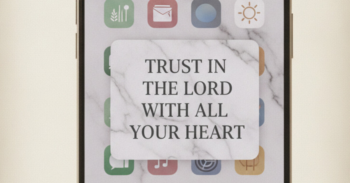 iPhone home screen with cream background showing a Psalmo Marble-theme Bible verse widget beside clean minimal app icons, styled as a Christian aesthetic setup