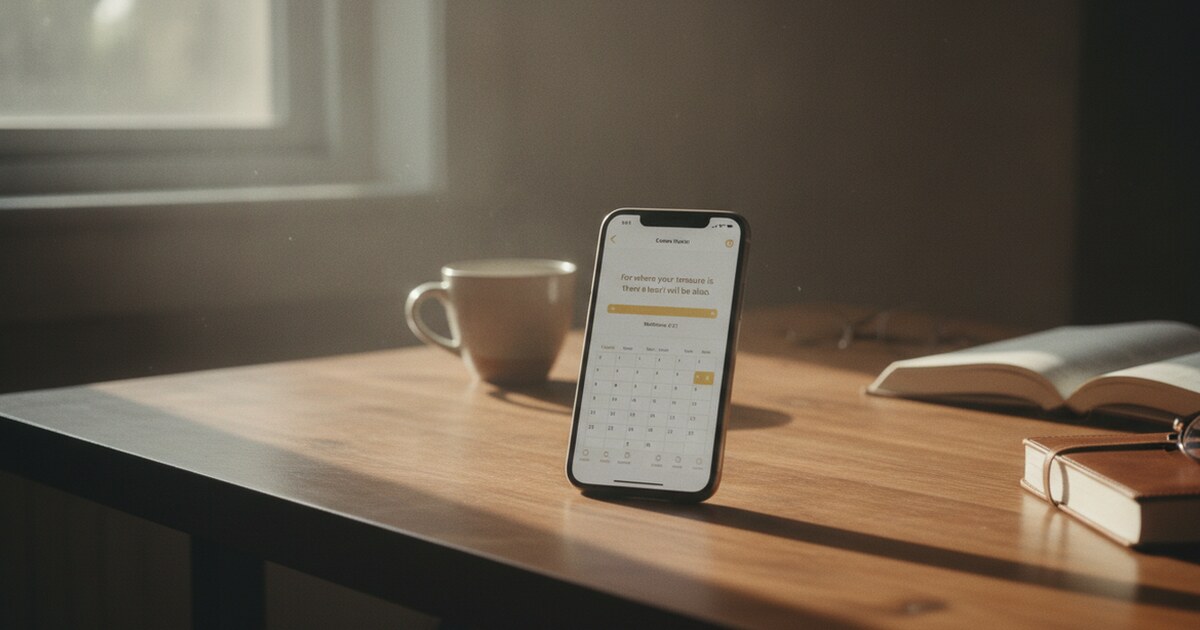 iPhone on a wooden desk showing a Bible reading plan app interface with a highlighted verse, morning light, editorial photography style