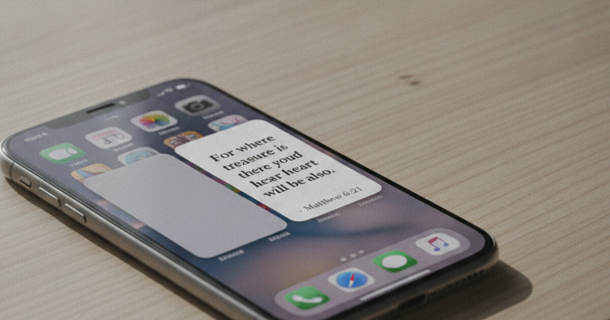 iPhone home screen showing a blank YouVersion Bible widget placeholder next to a working Psalmo widget displaying a Bible verse, soft desk light, photorealistic