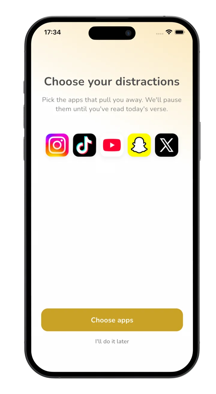 Psalmo iPhone showing the Lock Apps screen — Instagram, TikTok, and X paused with a daily verse prompt