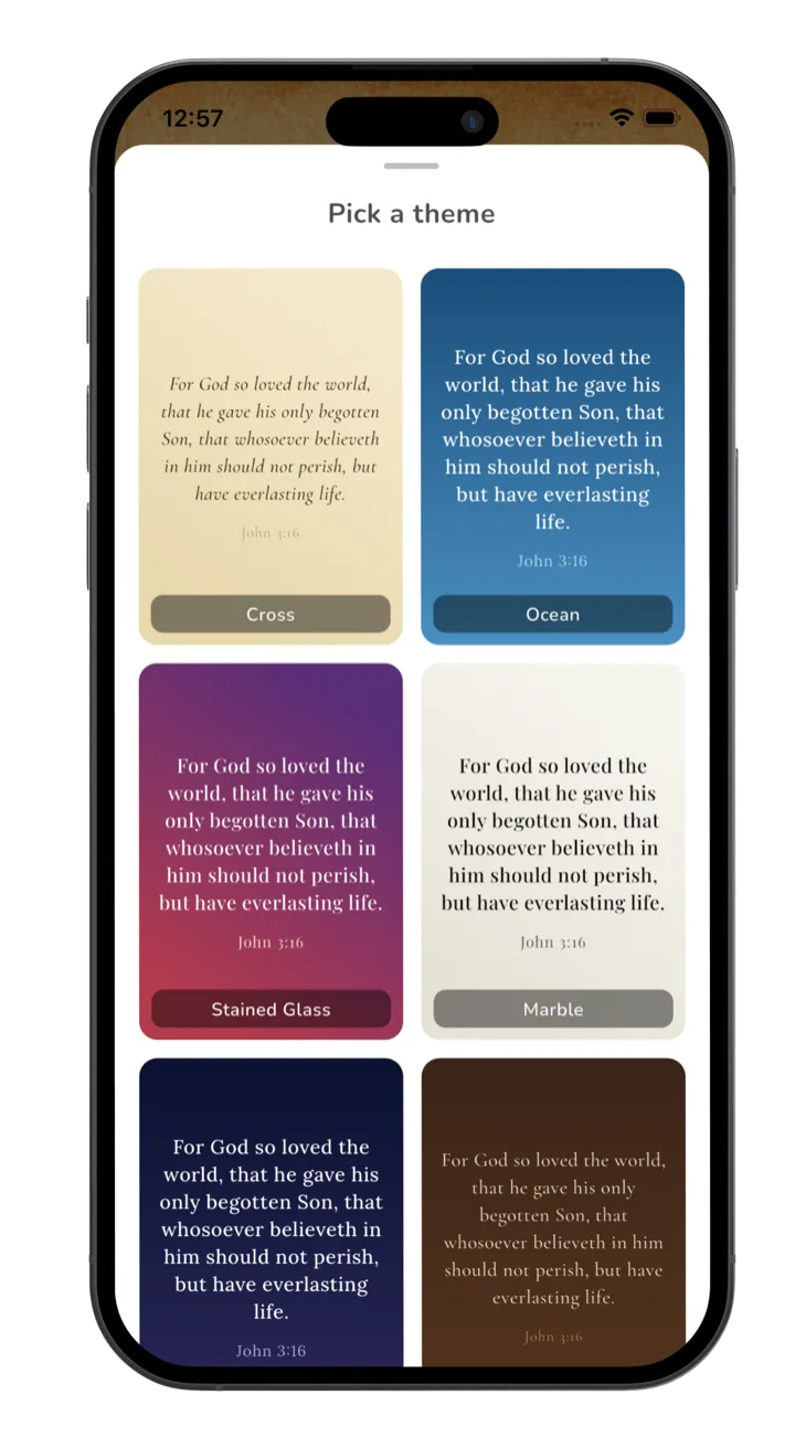 Psalmo iPhone showing the theme picker — 15 aesthetic Bible widget themes including Marble, Sunrise, Night Sky, and Gold Leaf